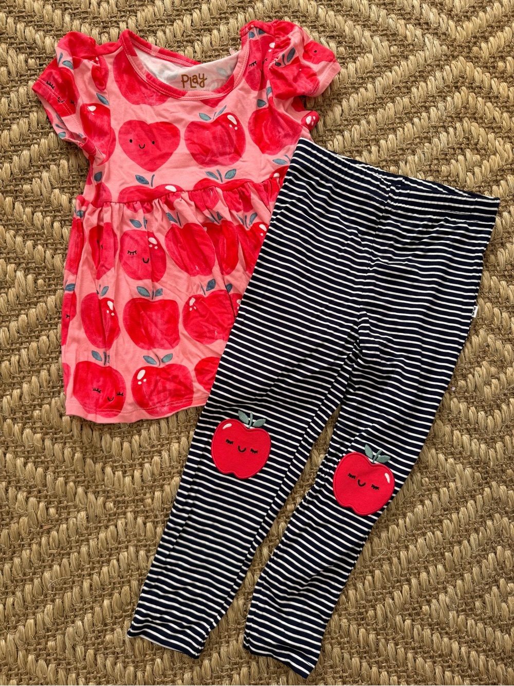 Little Sleepies Pink & Red Apple Top with Black & White Striped Leggings